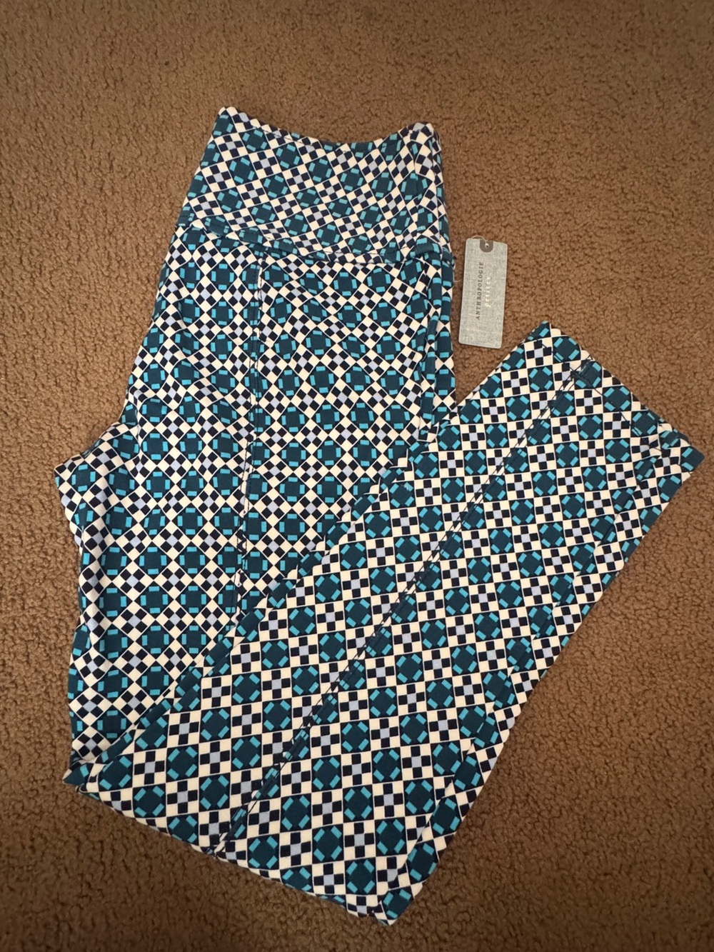 Maeve Blue Teal and White Geometric Print Pants petite